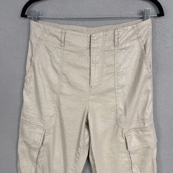 Alice + Olivia Pants Womens 4 Cargo Cropped Shimmer Coated Linen Blend Stretch - Picture 2 of 13